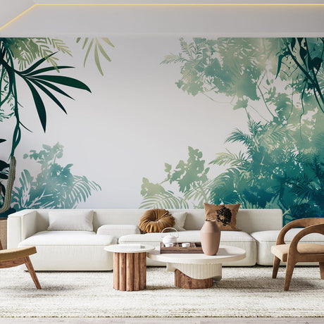 Tropical jungle mural wallpaper creating a calming atmosphere in a modern living room with natural light