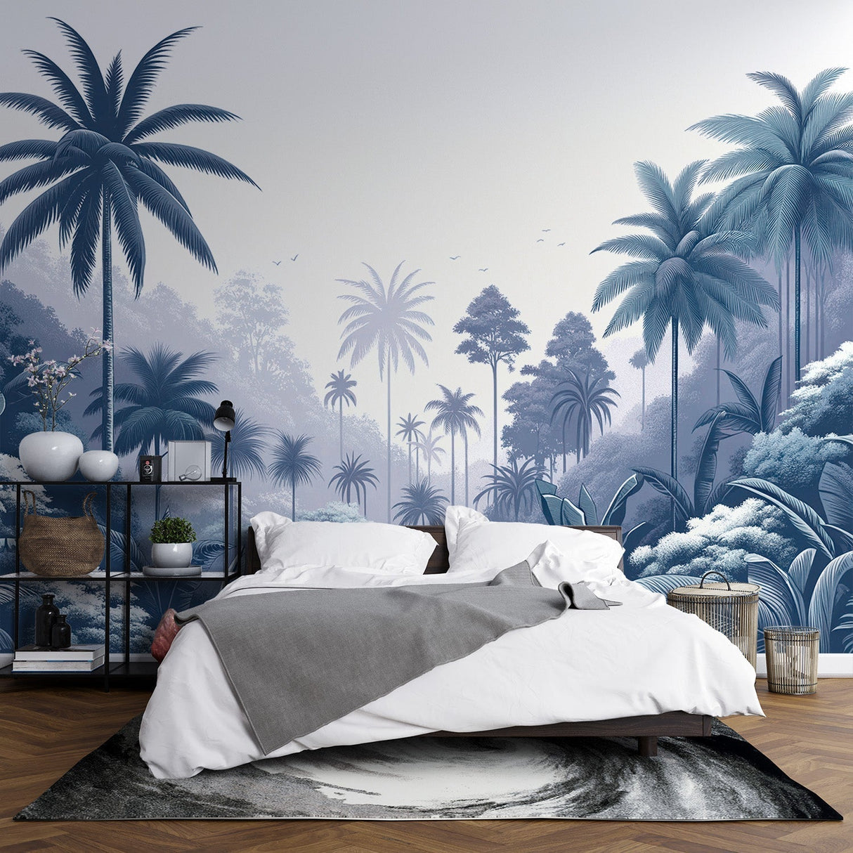 Tropical palm wallpaper with misty blue tones creating a peaceful atmosphere in a modern living room setting
