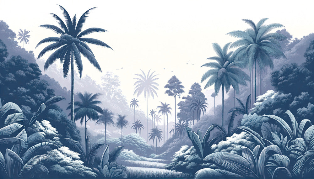 Tropical palm forest design file showing detailed misty blue palm silhouettes and ethereal morning haze effect