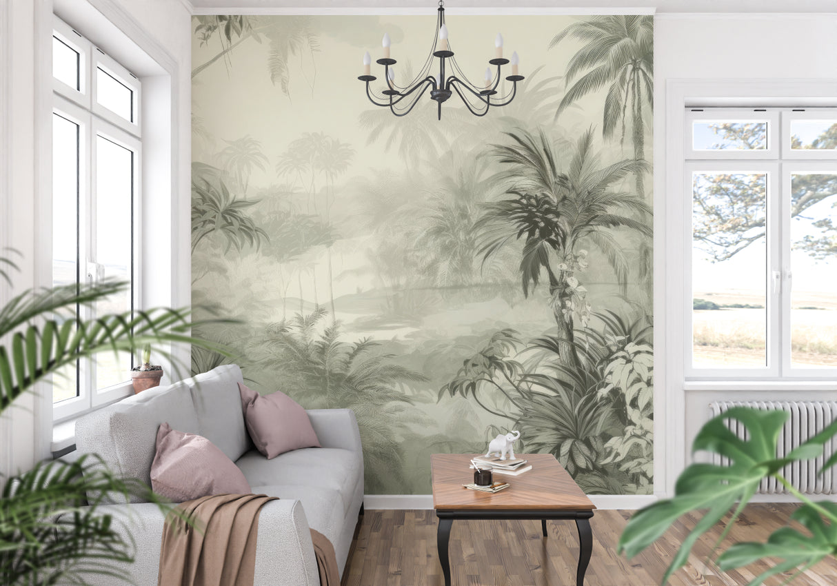 Tropical palm forest mural wallpaper in sage green creating a peaceful atmosphere in a modern living room