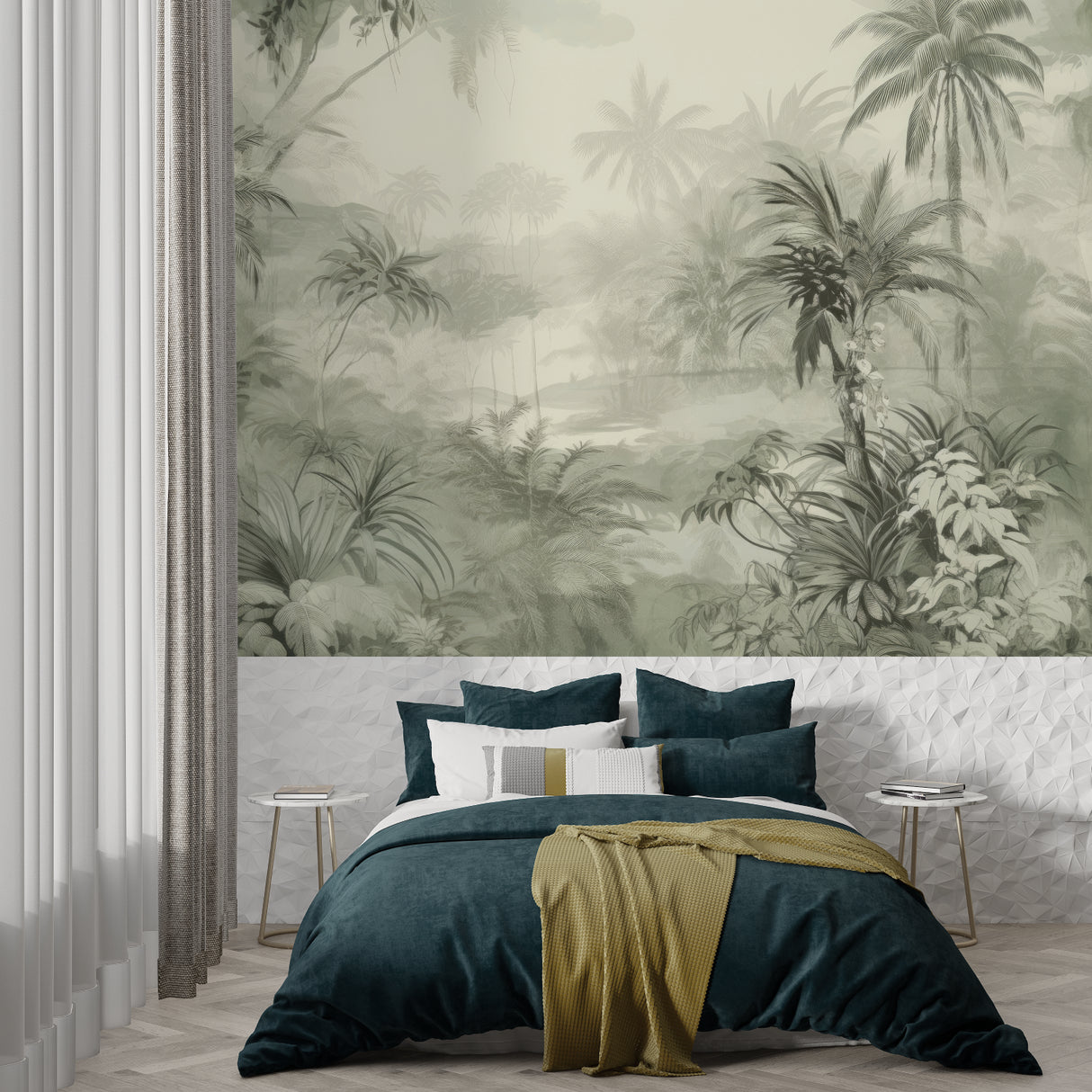 Misty palm wallpaper bringing nature indoors in a serene master bedroom setting