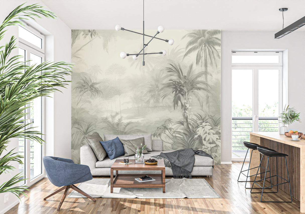 Tropical palm mural adding sophistication to an elegant bathroom setting