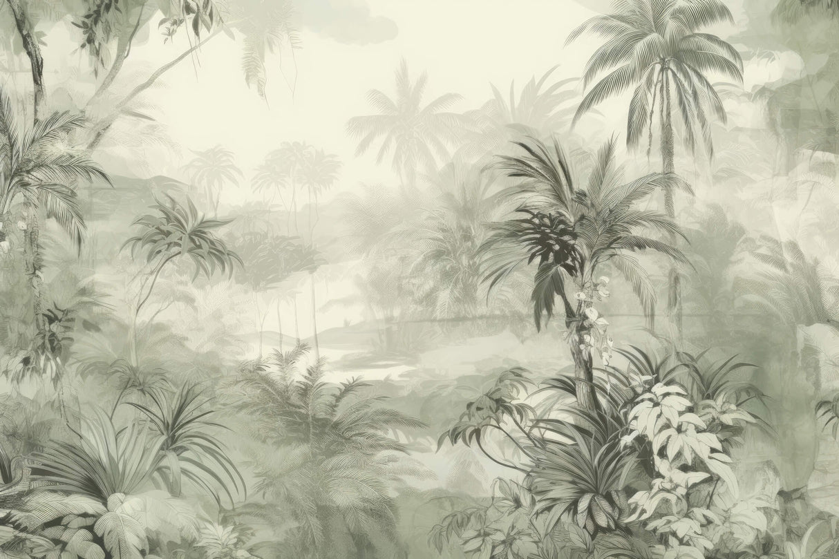 High-resolution design file of misty palm forest wallpaper in calming sage green tones