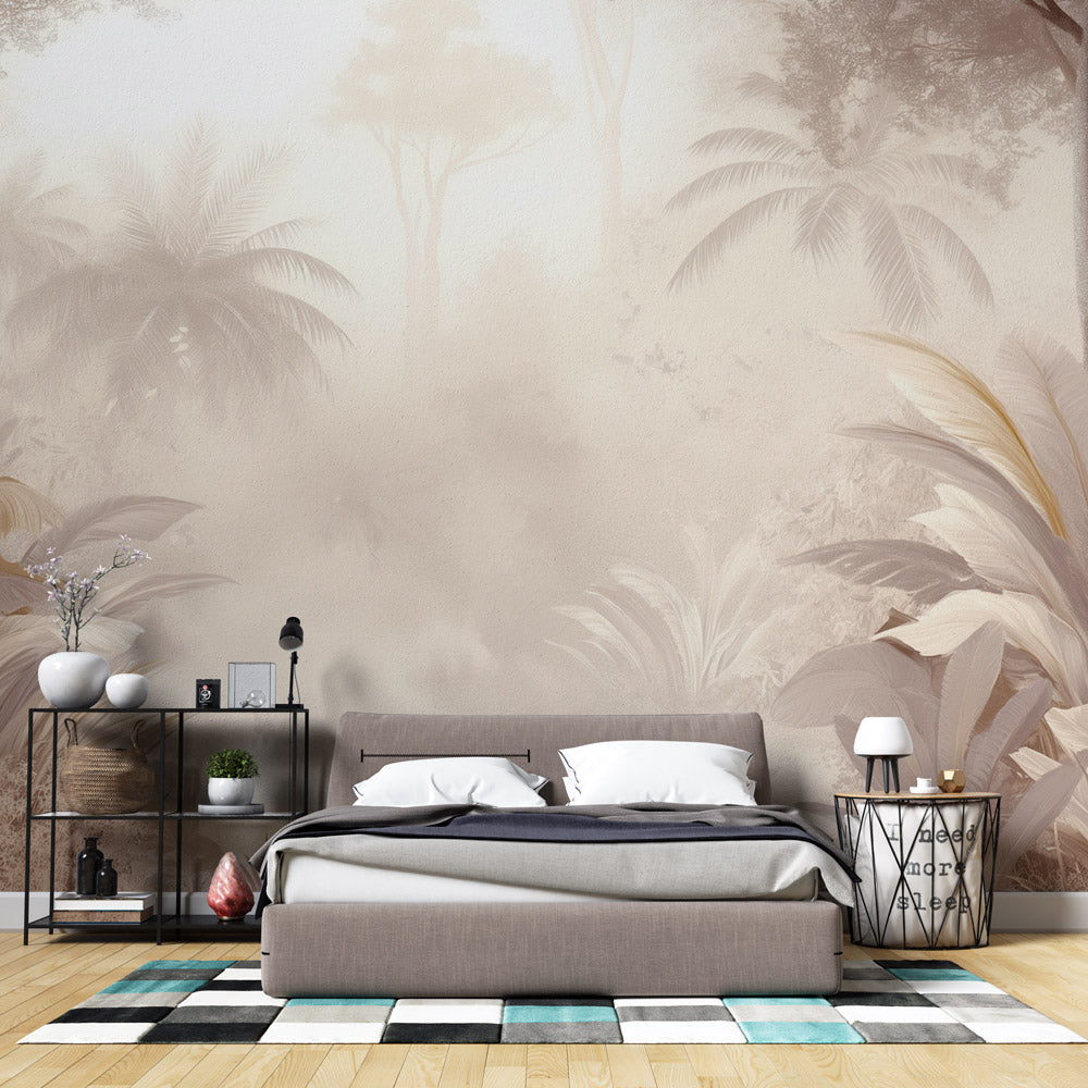 Tropical palm leaf wallpaper creating a peaceful atmosphere in a modern living room with natural light