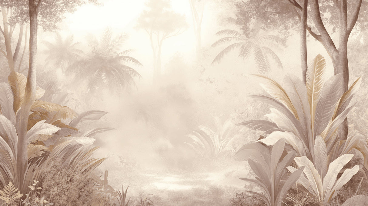 Misty palm leaves mural wallpaper in a cozy bedroom setting with neutral decor