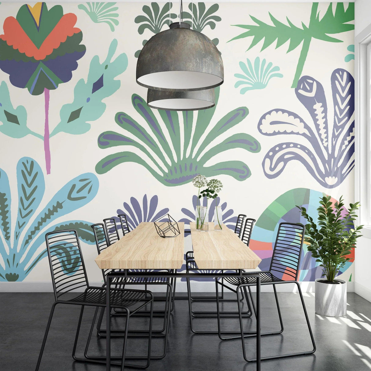 Modern botanical wallpaper bringing fresh style to a bright living room with contemporary furniture