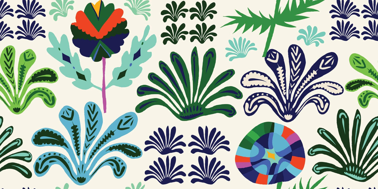 Abstract botanical pattern design file showing navy and mint leaves on white background