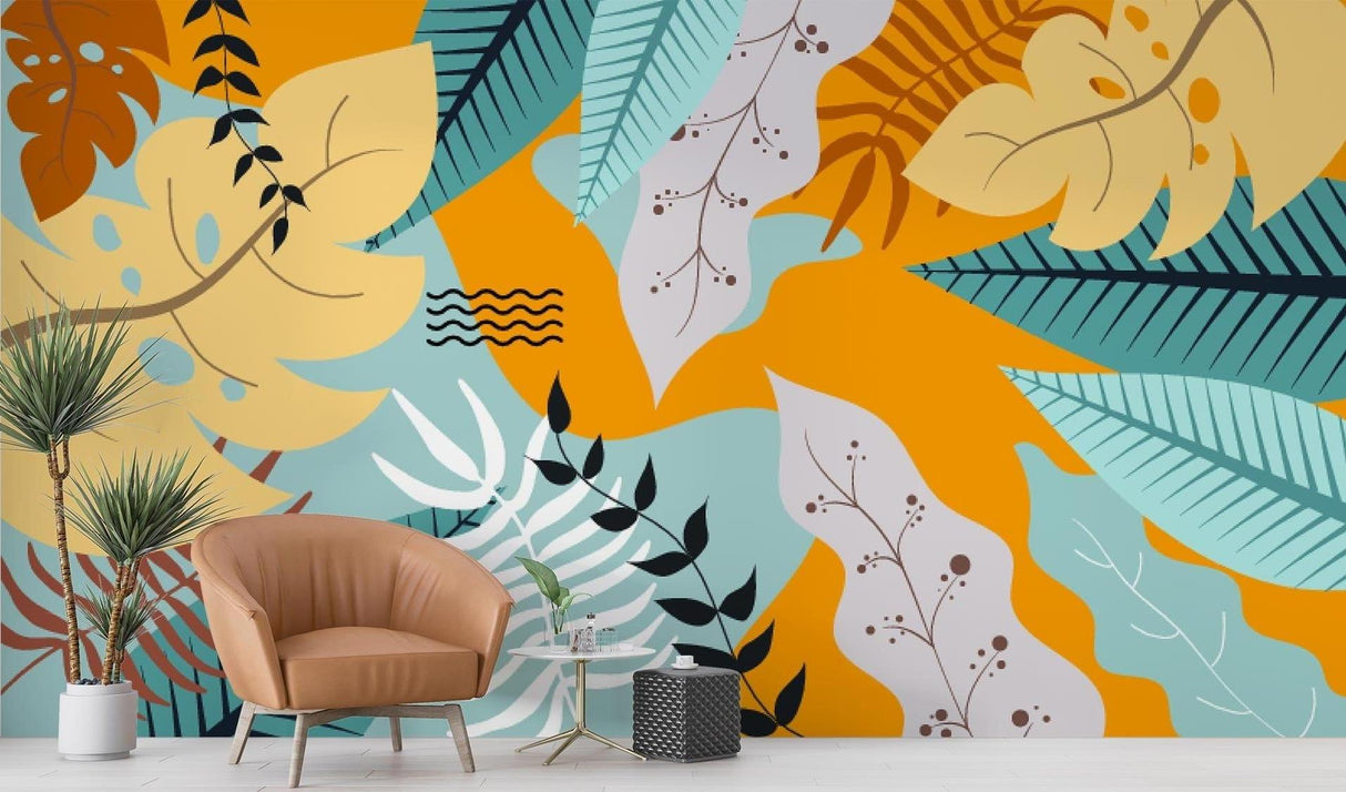 Modern Tropical Monstera Wallpaper bringing life to a bright living room with orange and turquoise accents