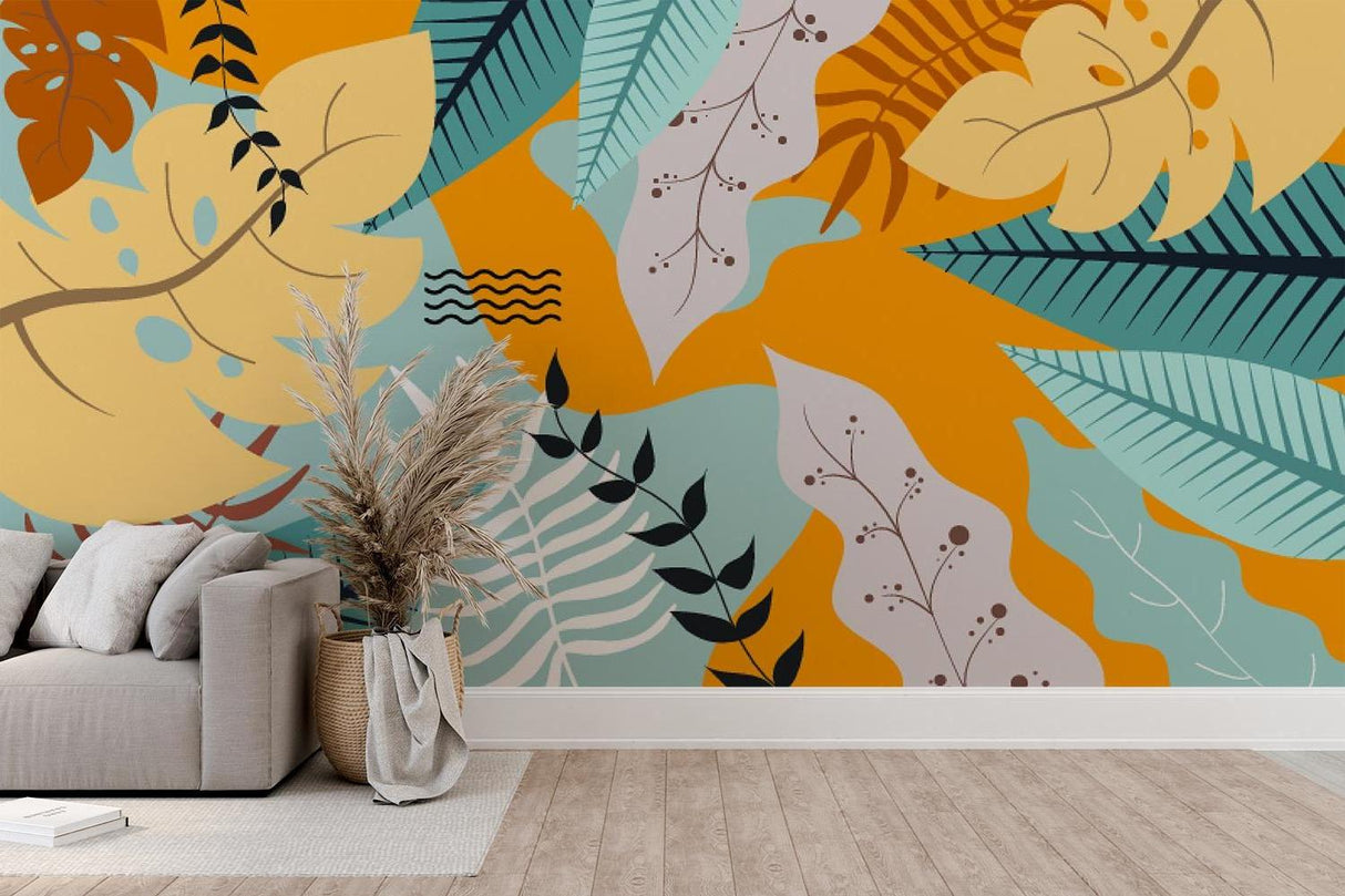 Abstract Tropical Leaf Wallpaper making a bold statement in a modern dining room setting