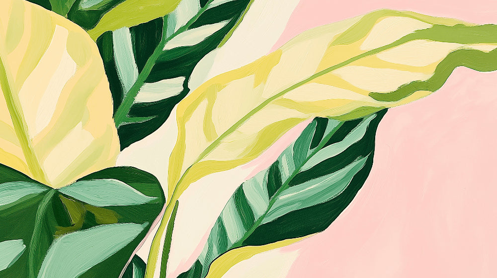 Tropical leaf wallpaper creating a bold statement in a bright modern living room with minimal furniture