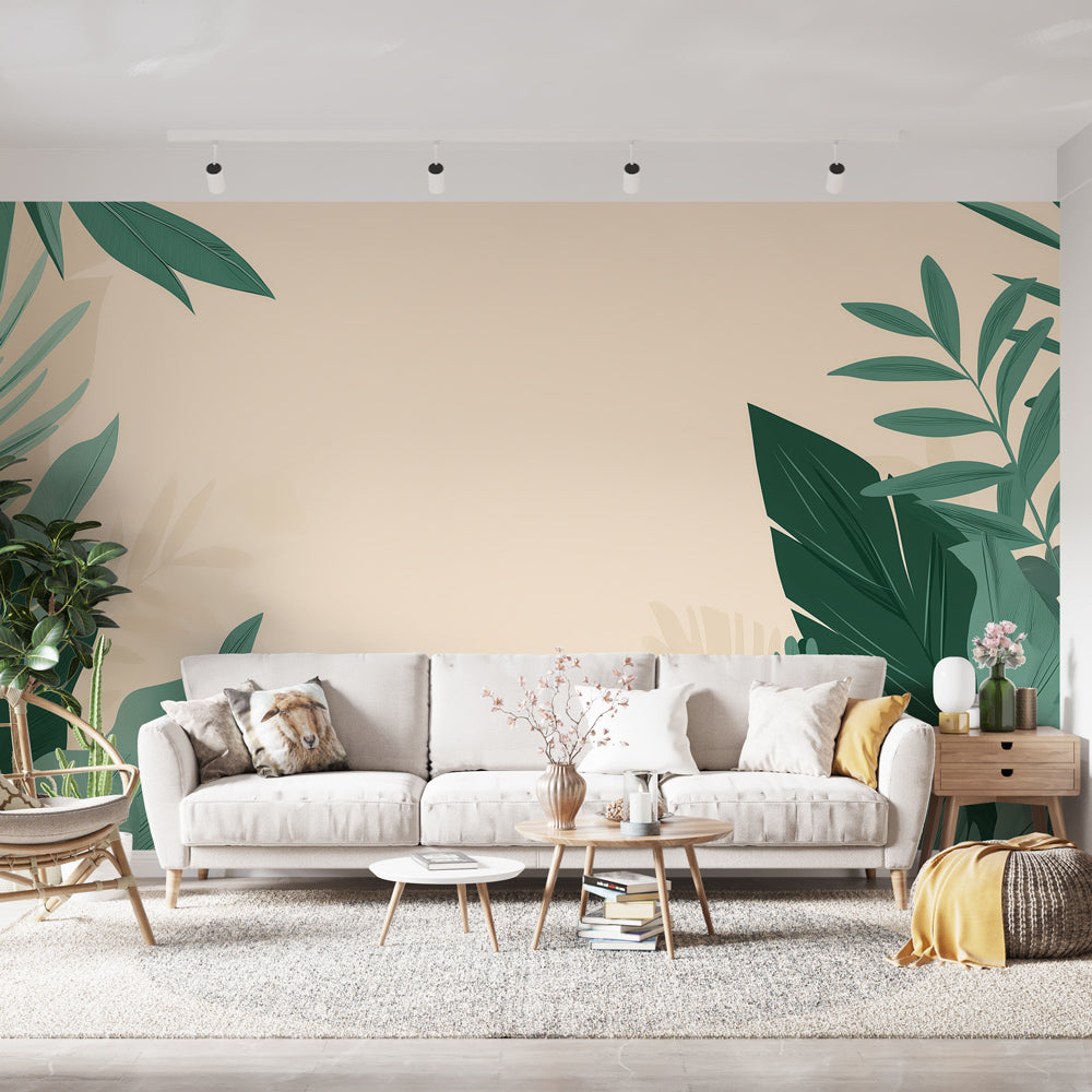 Modern tropical leaf wallpaper creating a peaceful atmosphere in a bright living room with minimalist furniture