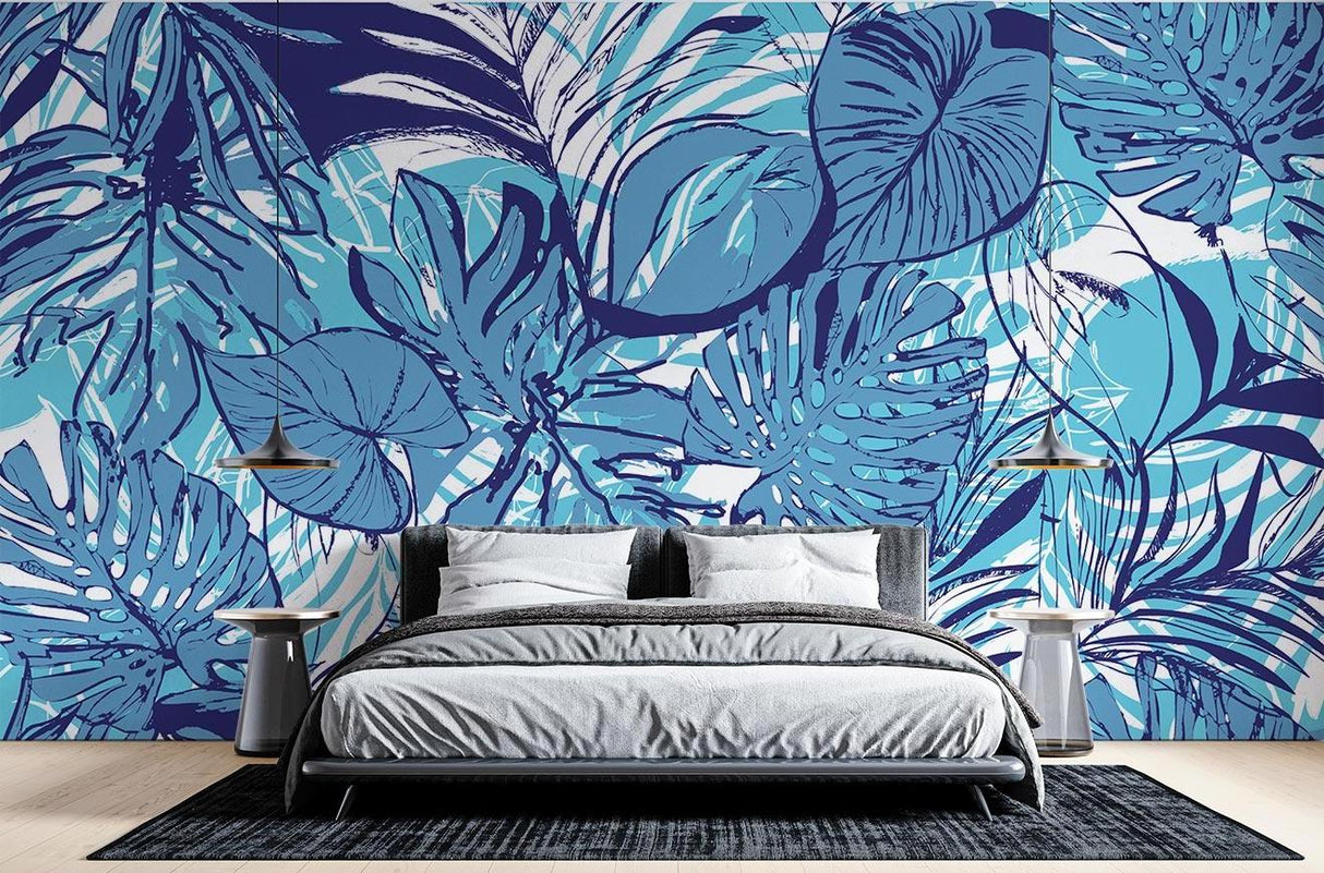 Modern blue Monstera leaf wallpaper transforming a bright living room with white furniture and natural light