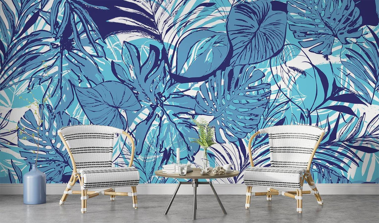 Blue tropical wallpaper creating a calm atmosphere in a contemporary bedroom with minimal decor
