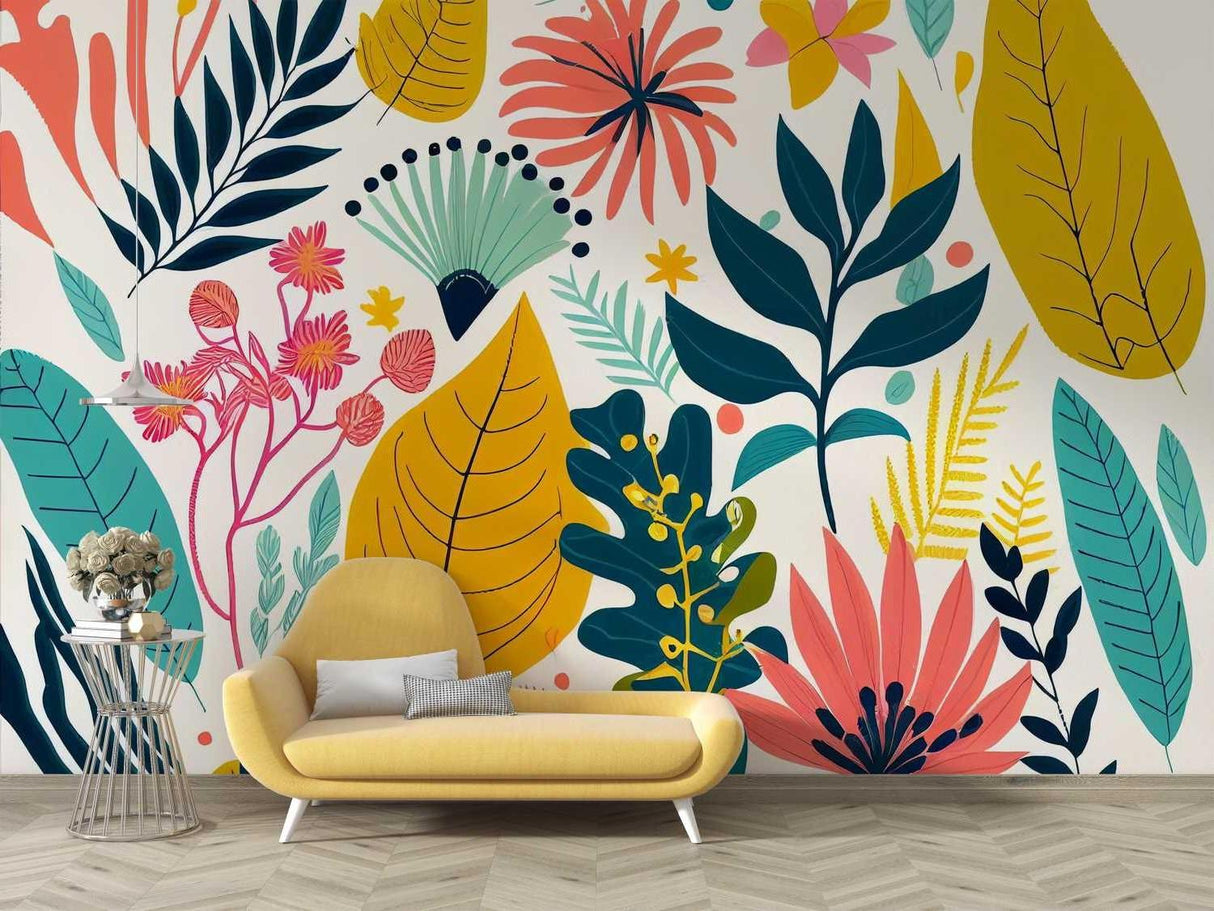 Tropical botanical wallpaper bringing fresh energy to a modern living room with yellow and teal leaf patterns