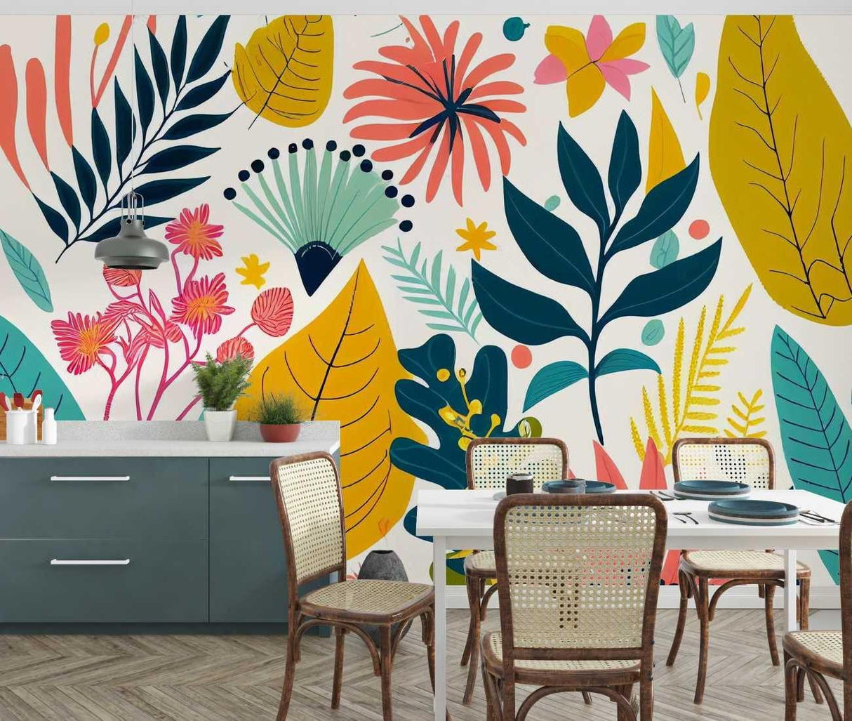 Contemporary dining room featuring bold tropical wall mural with coral-pink blooms and mint accents