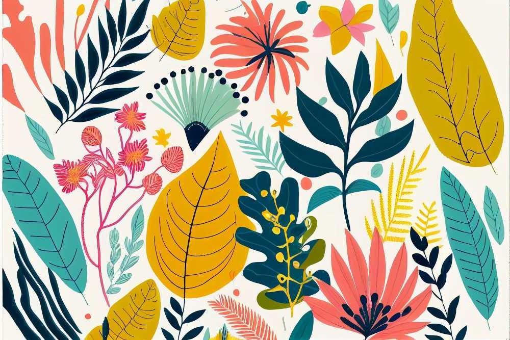 Modern botanical art design file showing detailed tropical leaves and geometric patterns