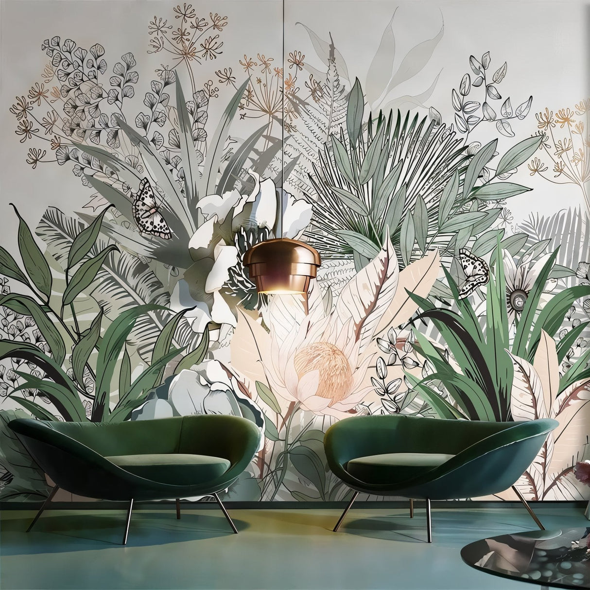 Modern Tropical Botanical Wallpaper in bright living room setting with white sofa and natural light