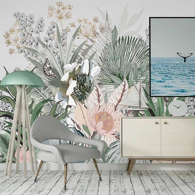 Botanical Line Art Wallpaper creating calm atmosphere in master bedroom with minimal furniture