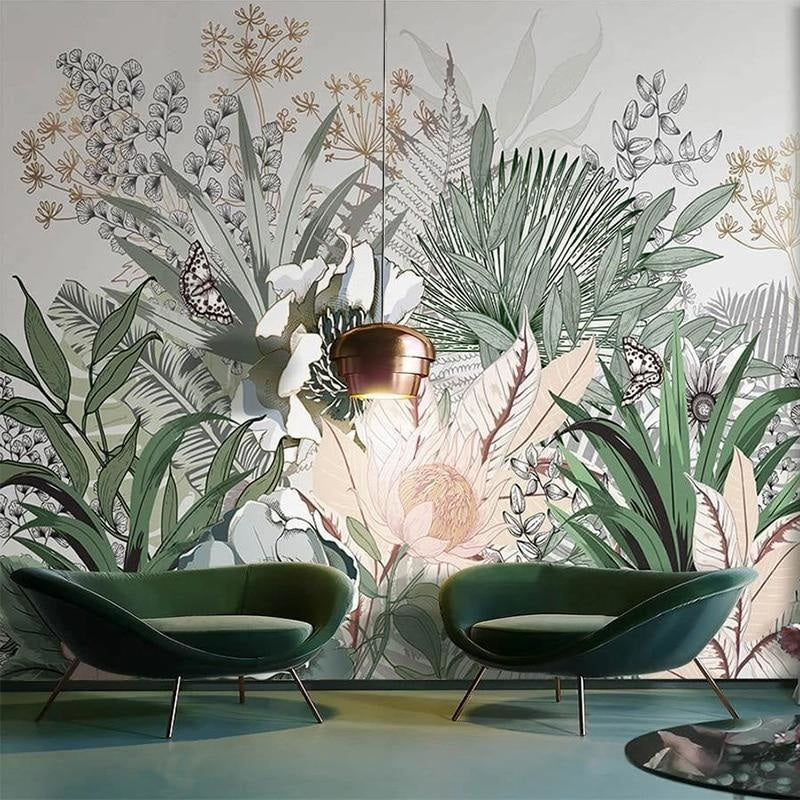 Tropical Line Art Wallpaper adding style to dining room with modern furniture and pendant lights