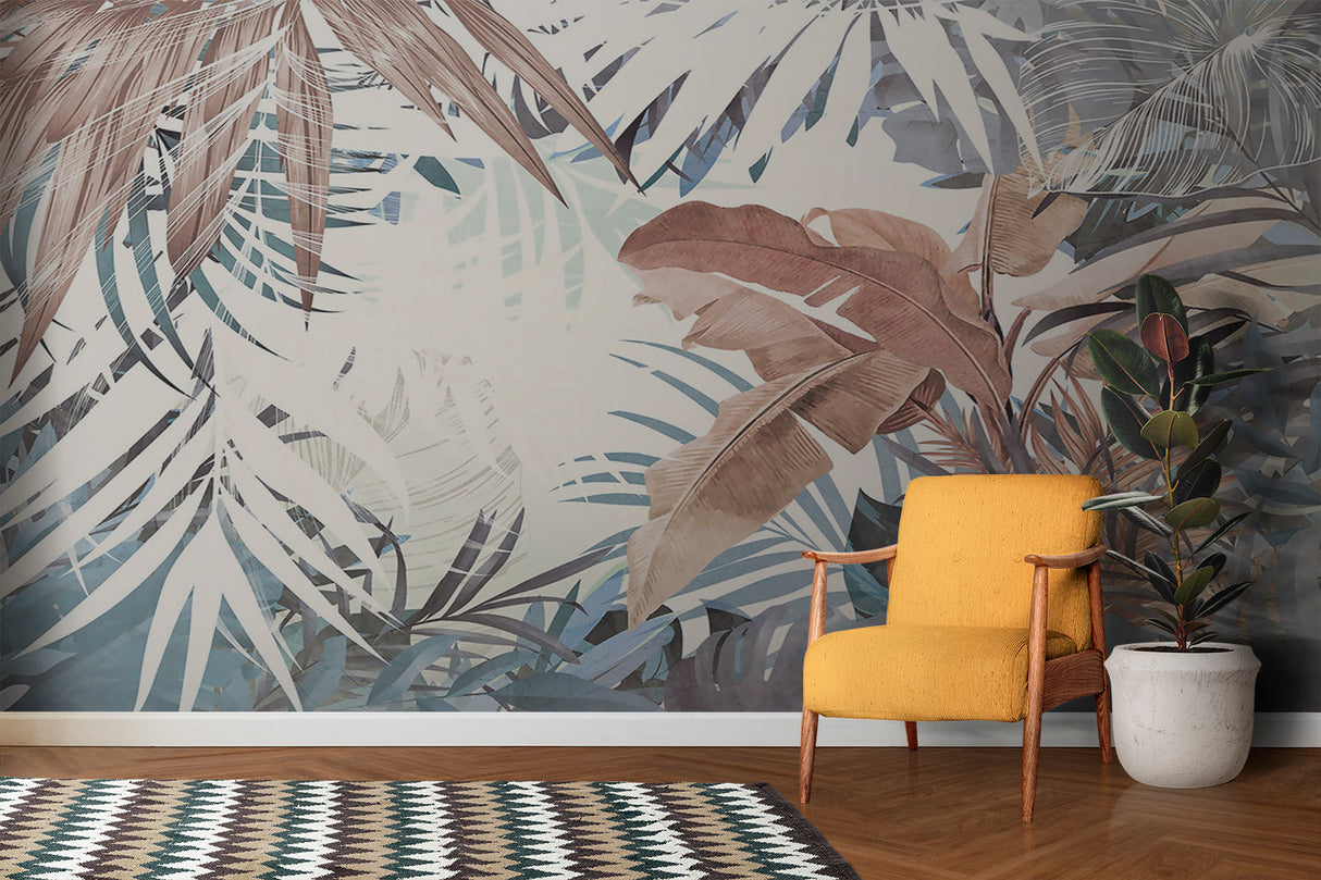 Modern tropical palm leaf wallpaper creating a peaceful atmosphere in a bright living room setting