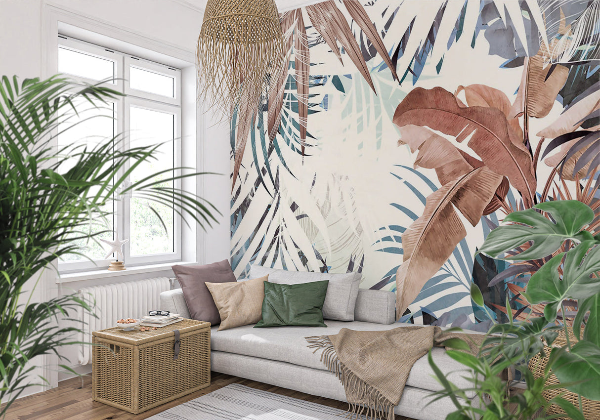 Earthy palm leaves mural wallpaper adding natural charm to a contemporary bedroom space