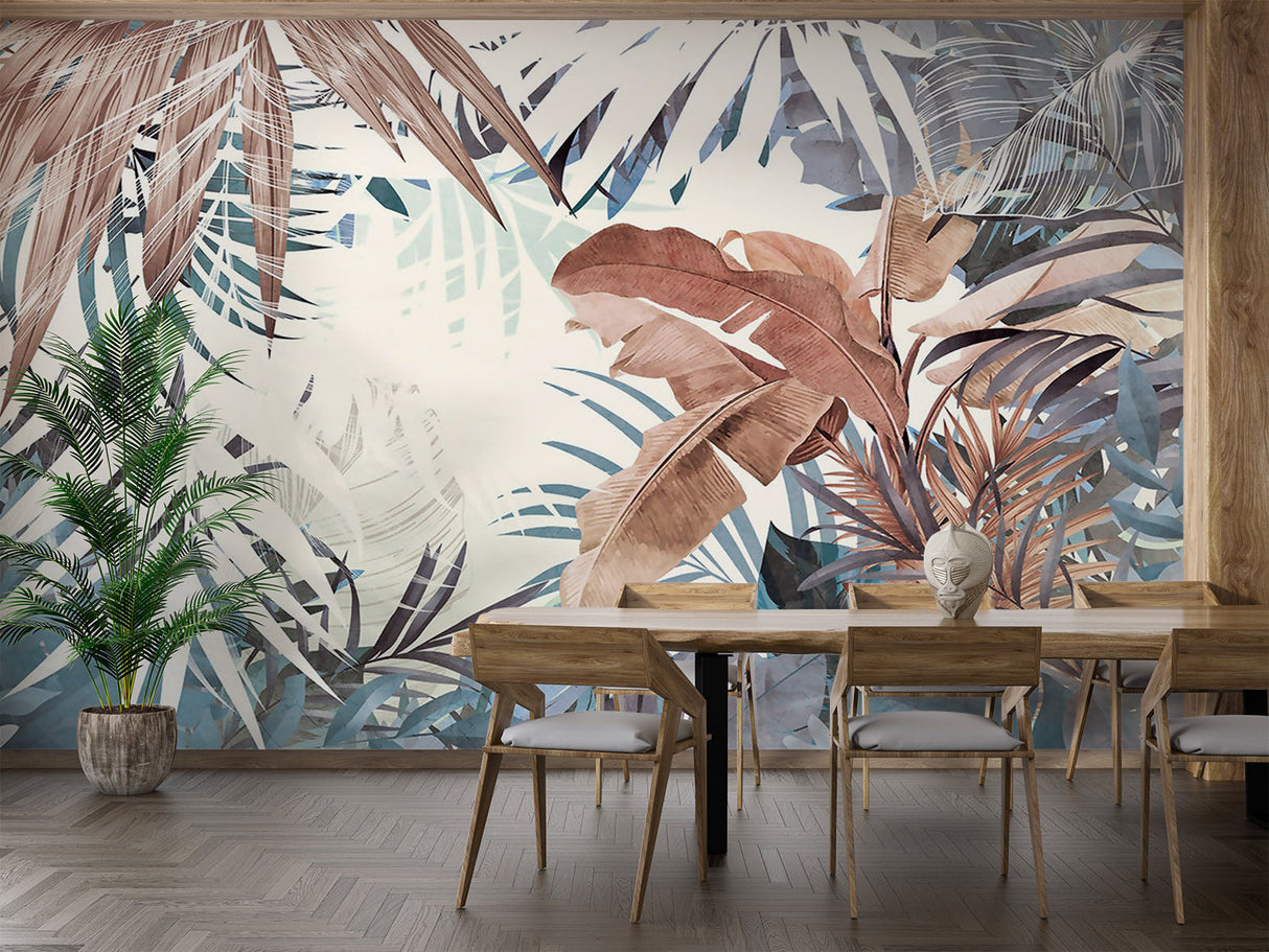Tropical palm wallpaper installation showing scale in a modern dining room