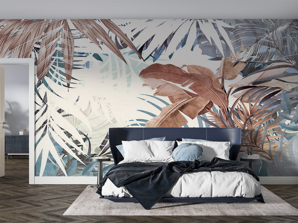 Palm leaf wall mural creating a sophisticated backdrop in a home office setting