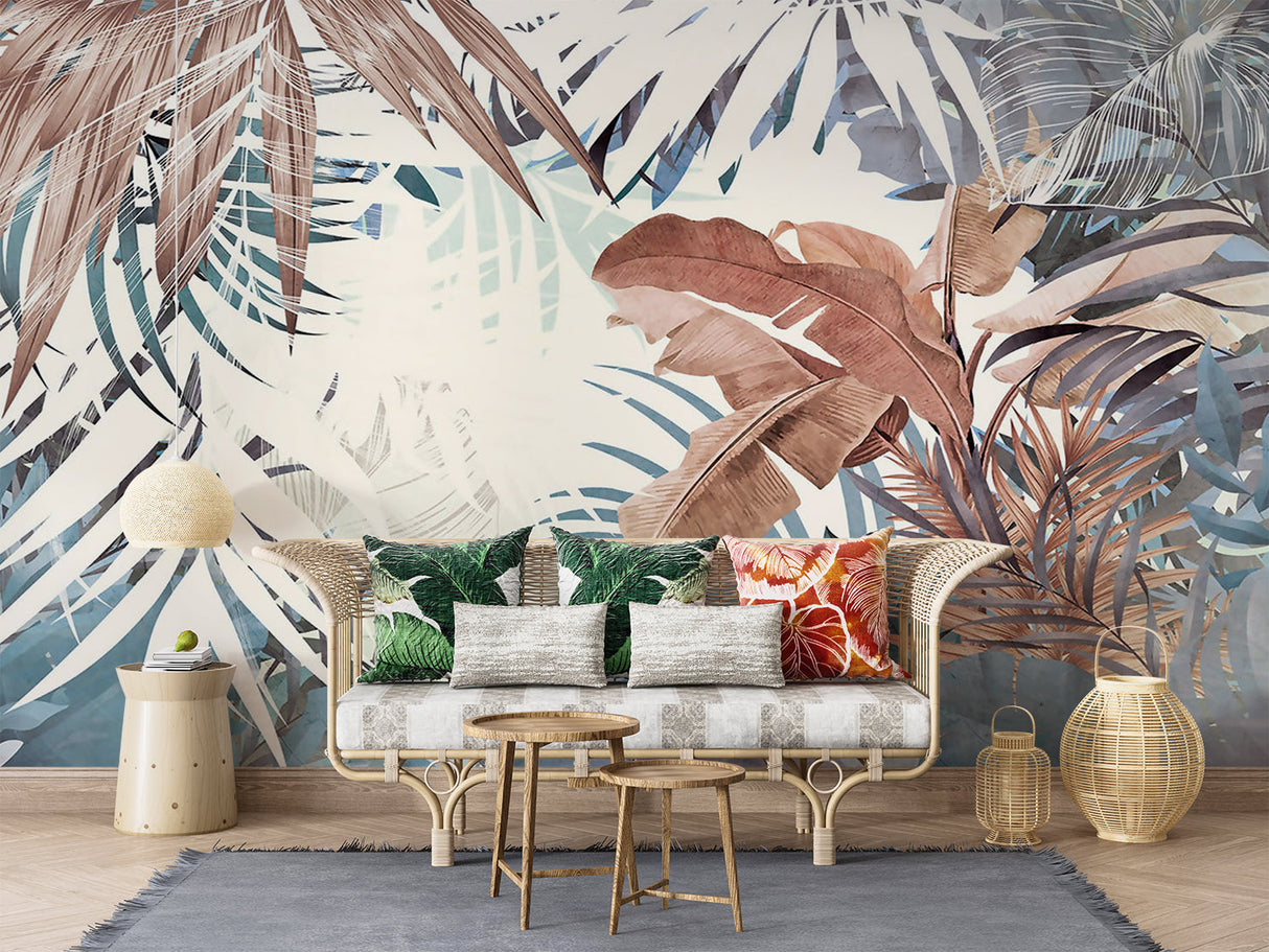 Modern tropical wallpaper bringing natural elements into an entryway space