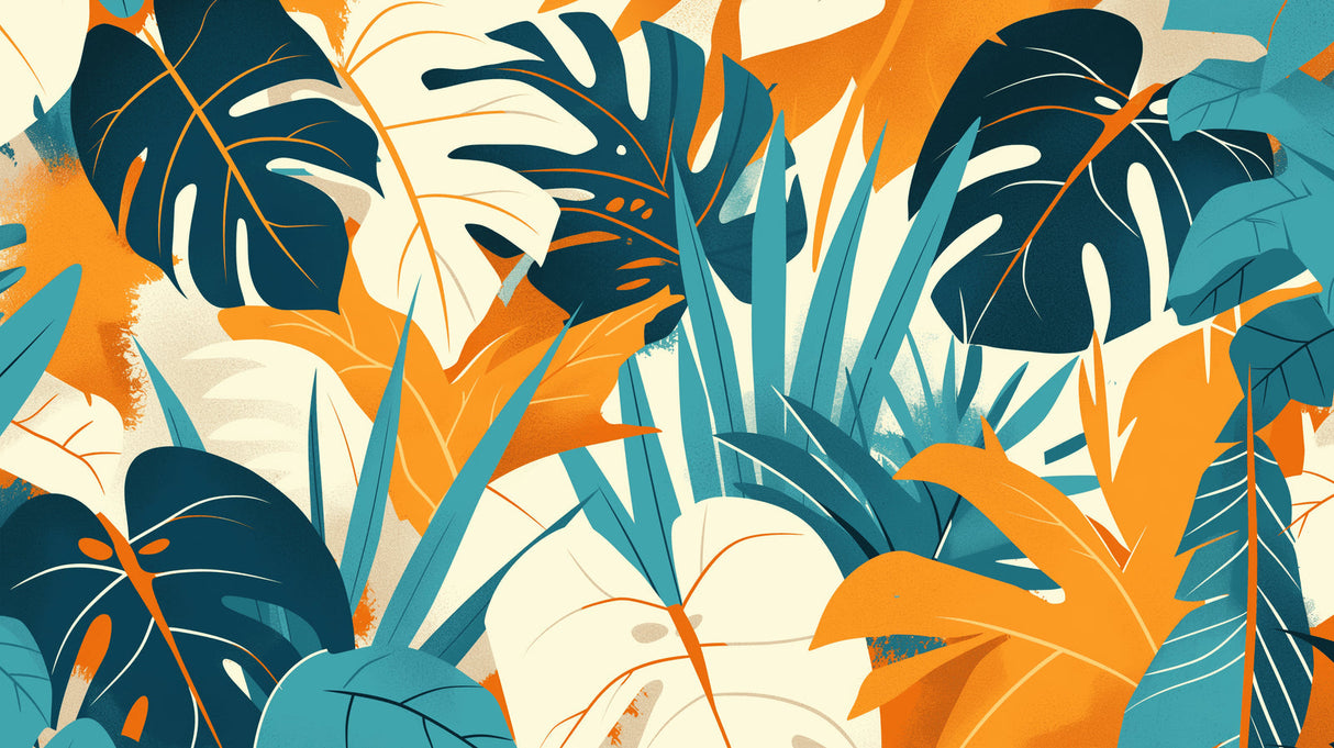 Modern Tropical leaf wallpaper creating a bold statement in a bright living room with minimal furniture