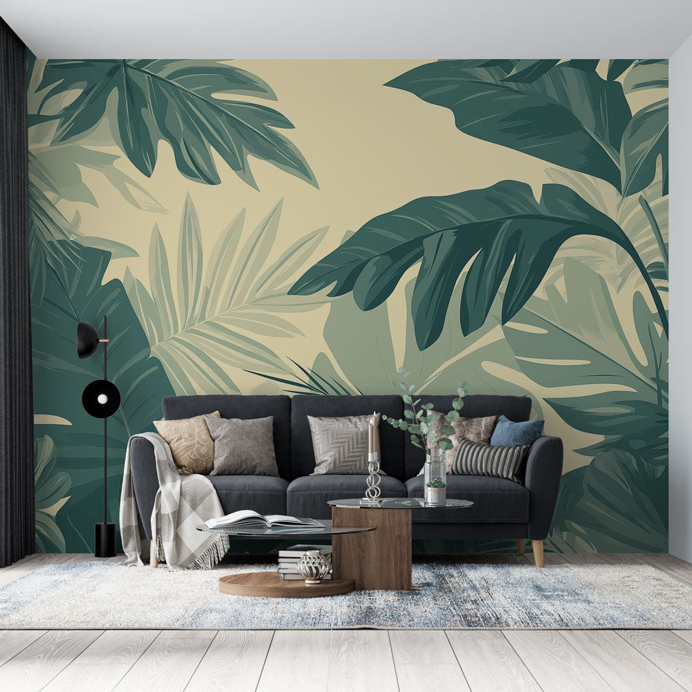 Tropical leaf wallpaper bringing natural charm to a modern living room with soft natural lighting and minimal furniture
