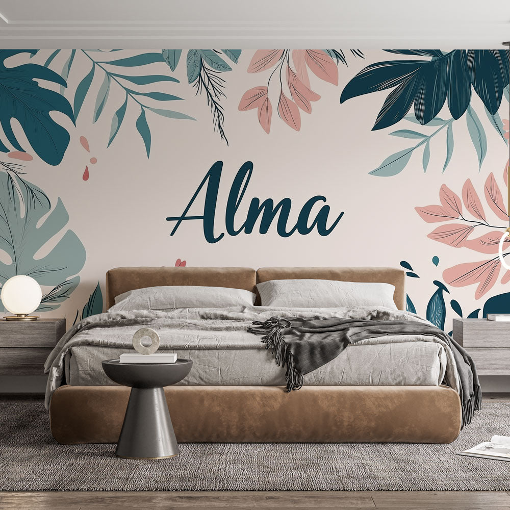 Modern living room showcasing Tropical Monstera wallpaper with pink accents, creating a fresh and contemporary atmosphere