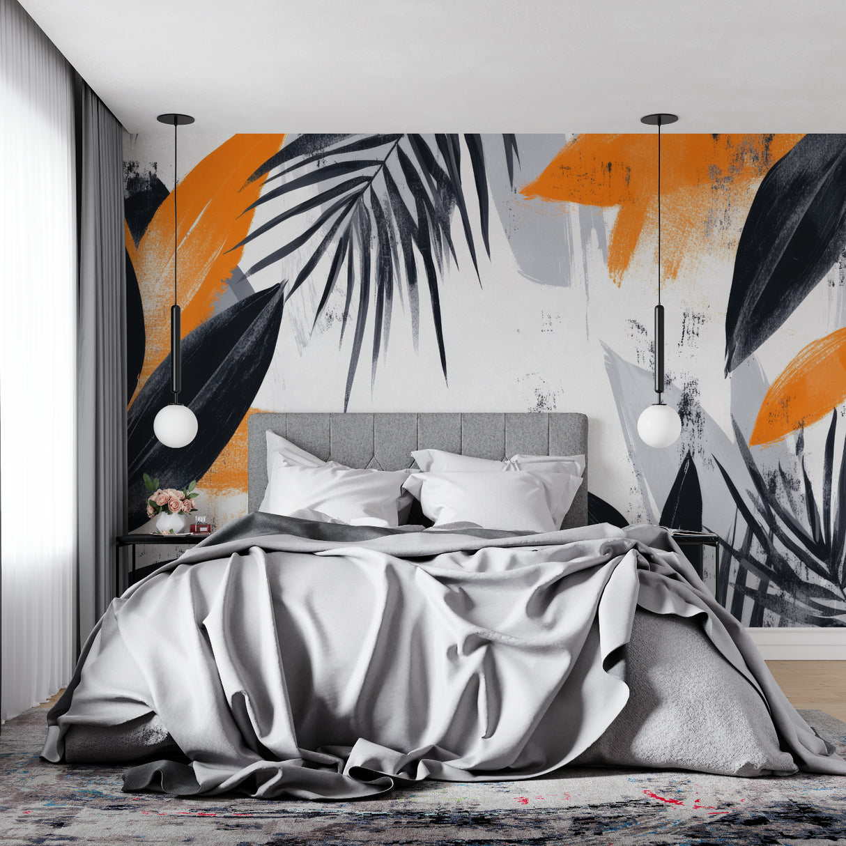 Modern tropical palm leaf wallpaper in bright living room with orange and black design creating striking accent wall