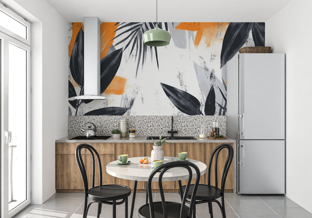 Dining room featuring bold palm leaf wallpaper with orange accents and modern furniture