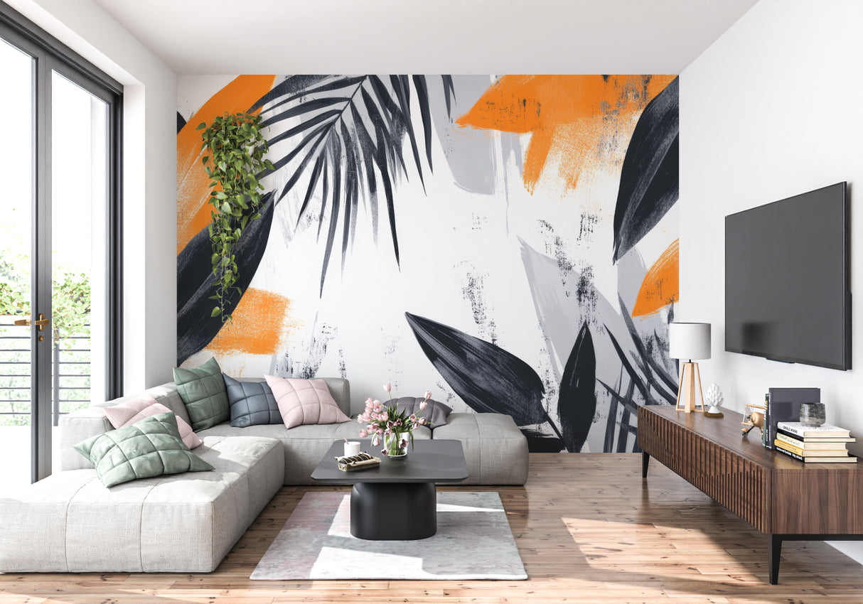 Bedroom accent wall with contemporary palm leaf pattern in black and orange tones