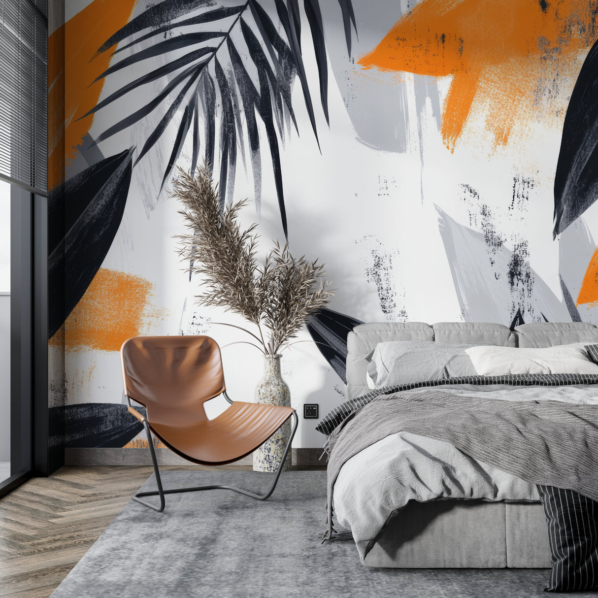 Modern entryway decorated with bold tropical wallpaper featuring palm leaves and orange accents