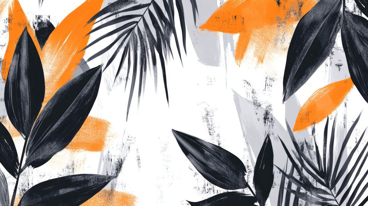 Design file showing detailed palm leaf pattern with black silhouettes and orange brushstrokes on white background