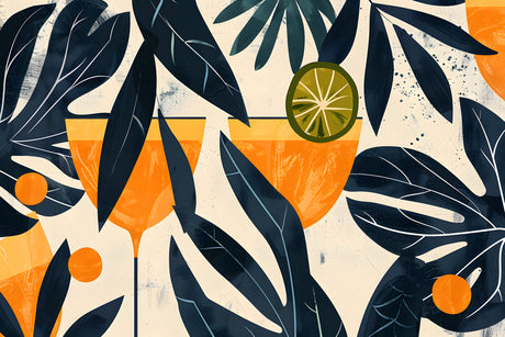 Design file of modern tropical cocktail pattern with navy leaves and orange glassware