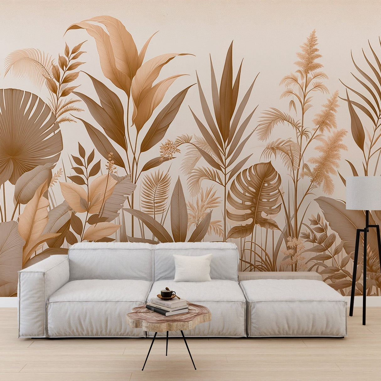 Tropical palm leaf wallpaper in beige creating a peaceful atmosphere in a modern living room with natural light