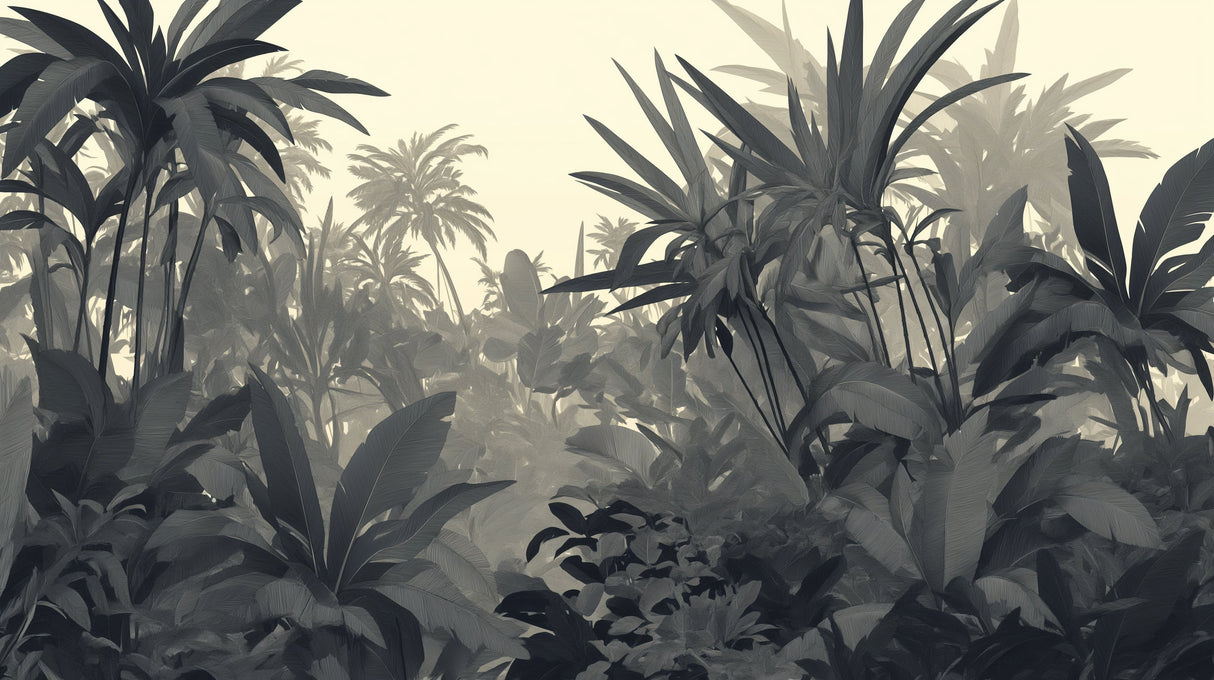 Monochrome tropical jungle design file showing detailed palm leaves and misty forest pattern