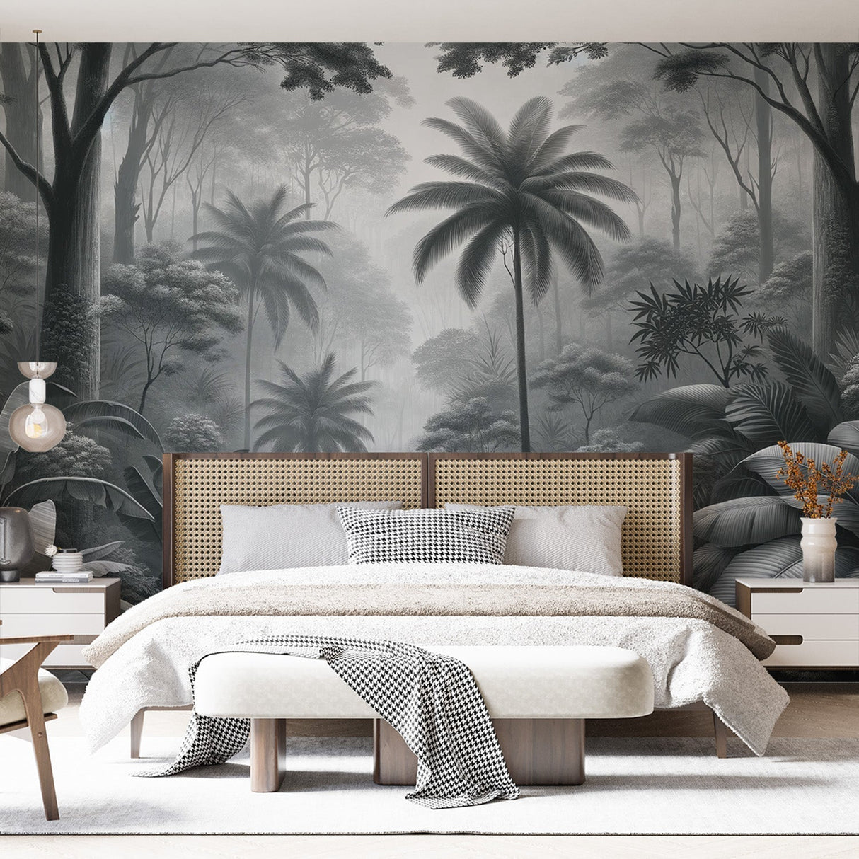 Monochrome Tropical Wallpaper creating depth in a modern living room with dramatic palm shadows