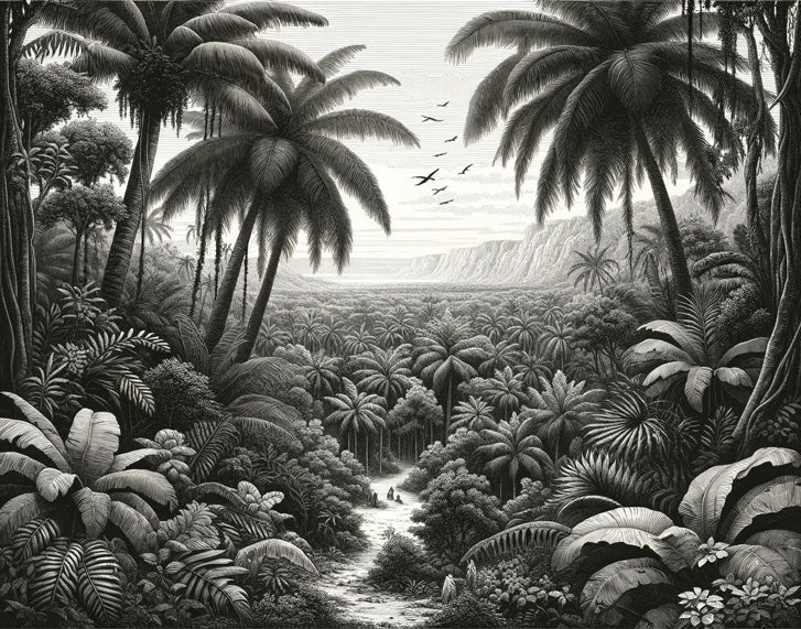 Black and white tropical jungle design file showing detailed palm fronds and botanical patterns
