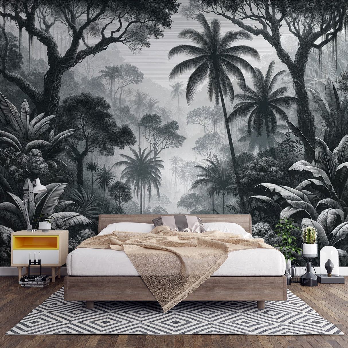 Tropical jungle wallpaper in monochrome style showcased in a modern living room with minimal furniture