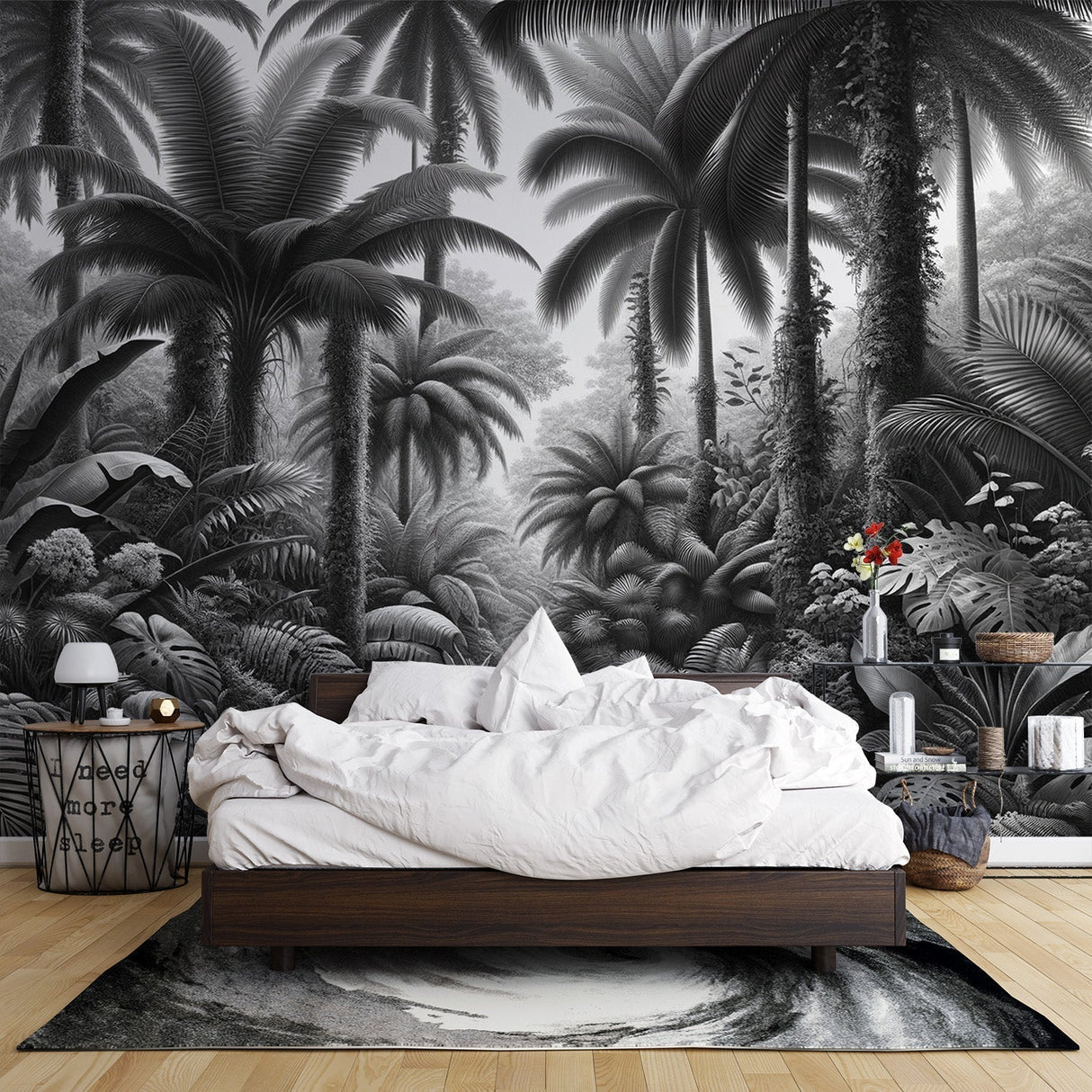 Black and white tropical jungle wallpaper creating depth in a modern living room with minimalist furniture