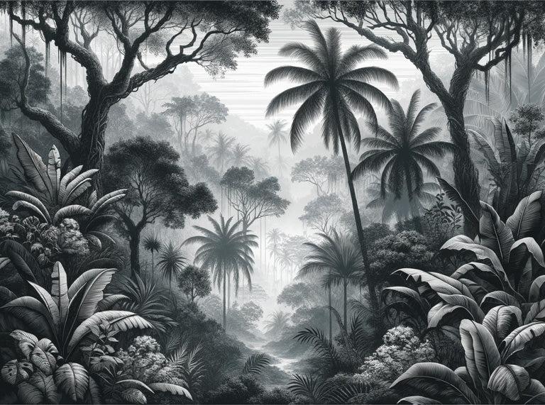 Black and white tropical jungle design file with detailed palm leaves and misty forest elements
