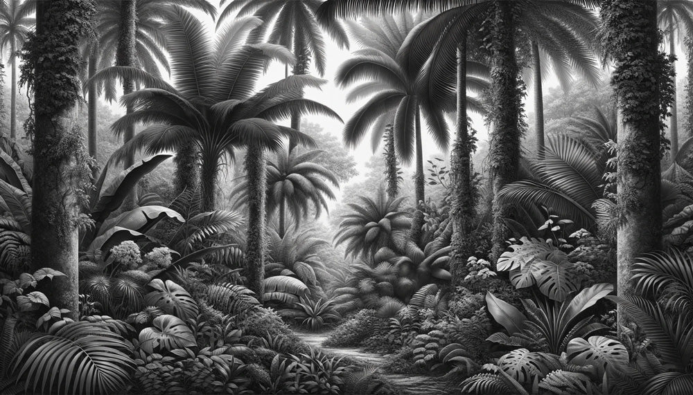 Monochrome tropical jungle wallpaper design file showing detailed palm leaves and shadows