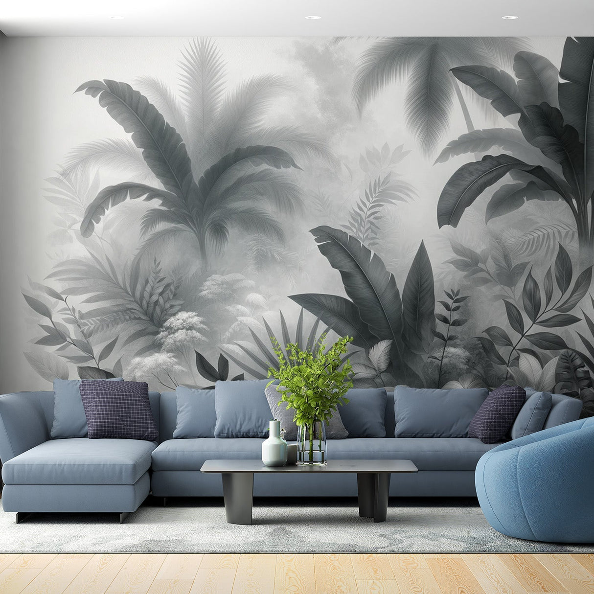 Sophisticated grey Tropical Jungle Wallpaper creating a calm atmosphere in a modern living room with minimal furniture