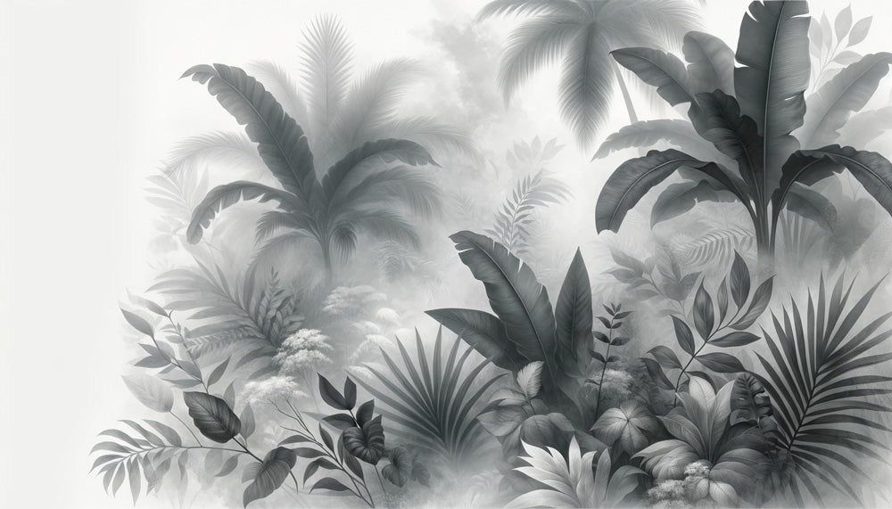 Monochrome Tropical Wallpaper design file showing detailed misty jungle pattern with palm fronds and exotic leaves