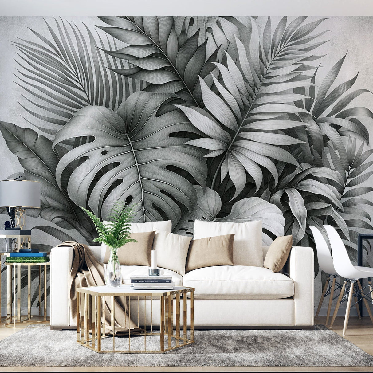 Tropical leaf wallpaper in monochrome design showcased in a bright modern living room with minimal furniture