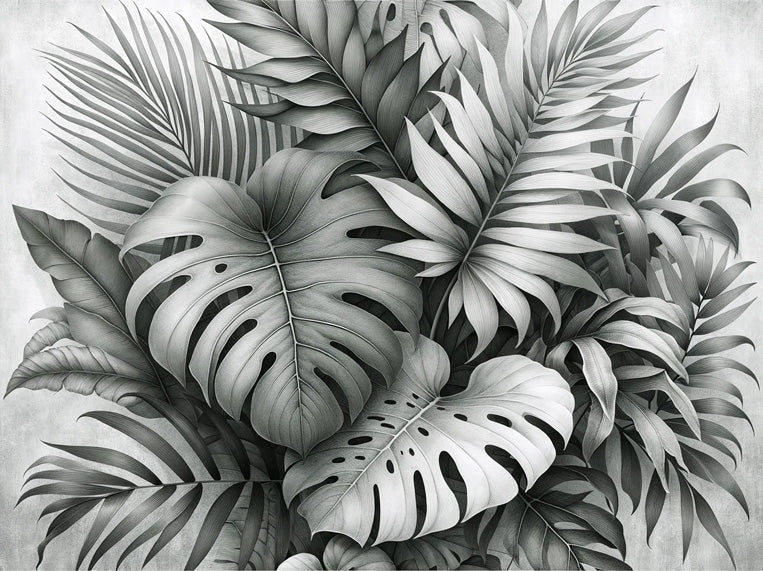 Monstera and palm leaf design file showing detailed black and white botanical pattern
