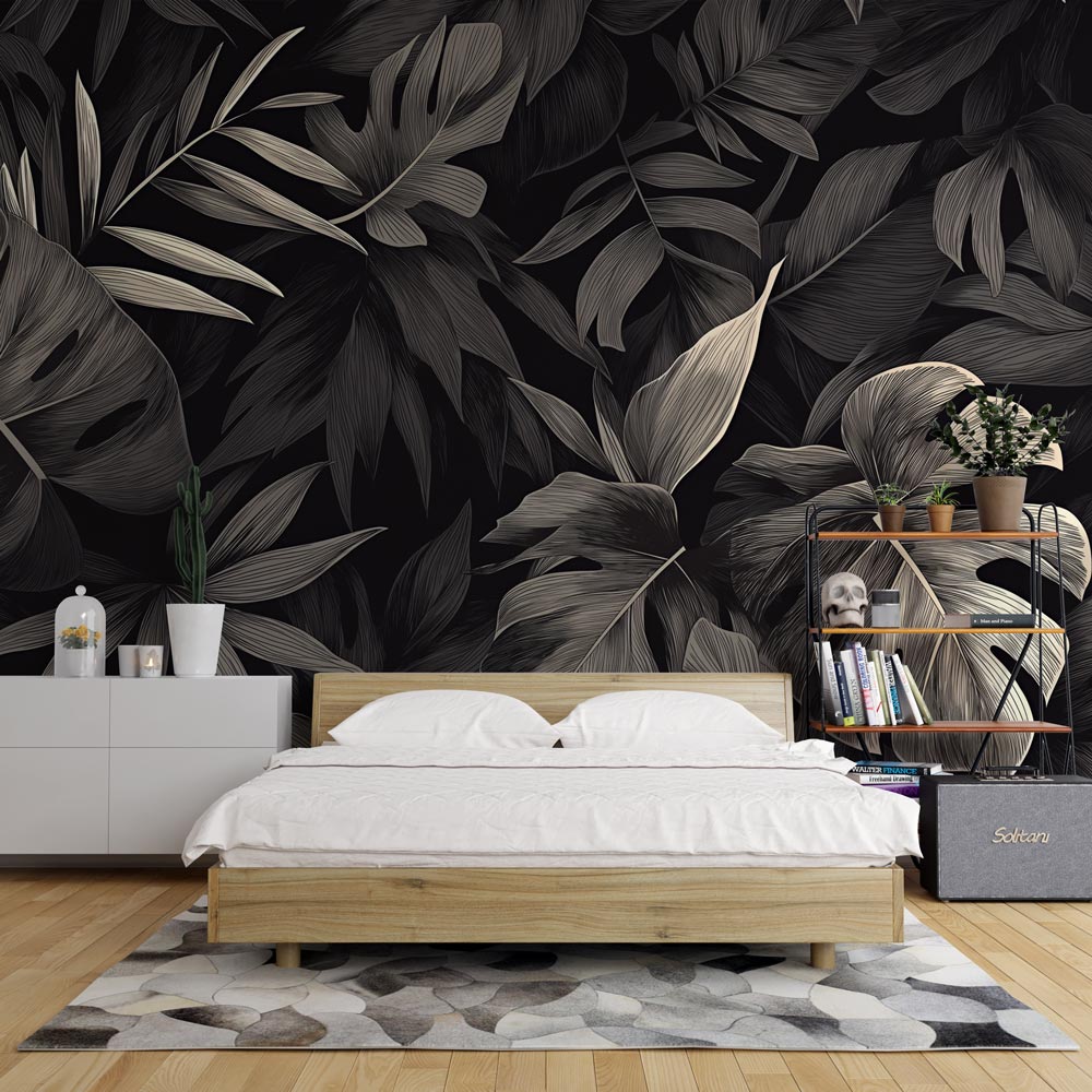 Monochrome Tropical Leaf Wallpaper creating drama in a modern living room with high ceilings and minimal furniture